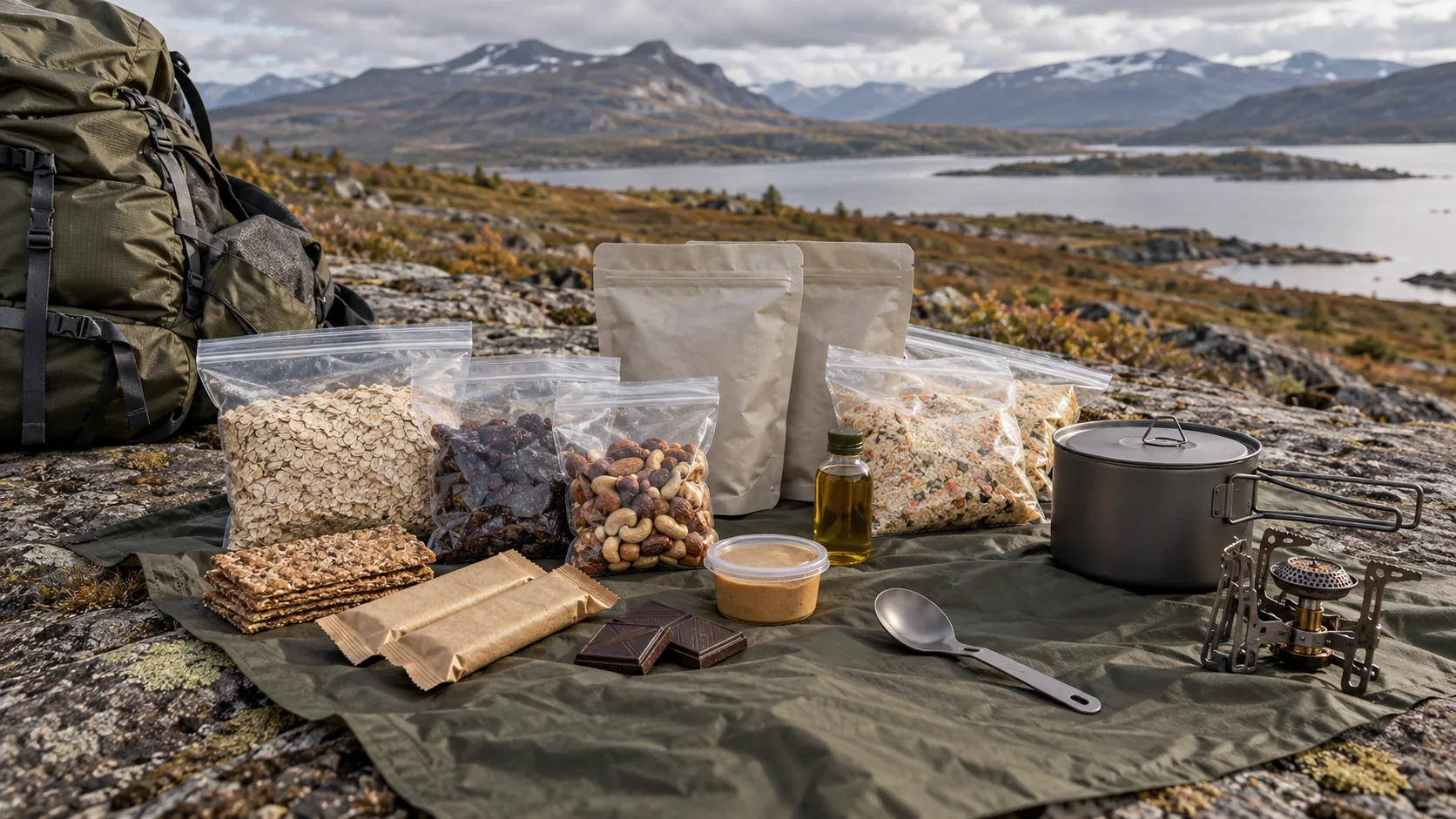 Jedzenie na trekking: płatki, rodzynki, orzechy, pieczywo chrupkie, batony, czekolada i oliwa, obok garnek, kuchenka bez kartusza i plecak