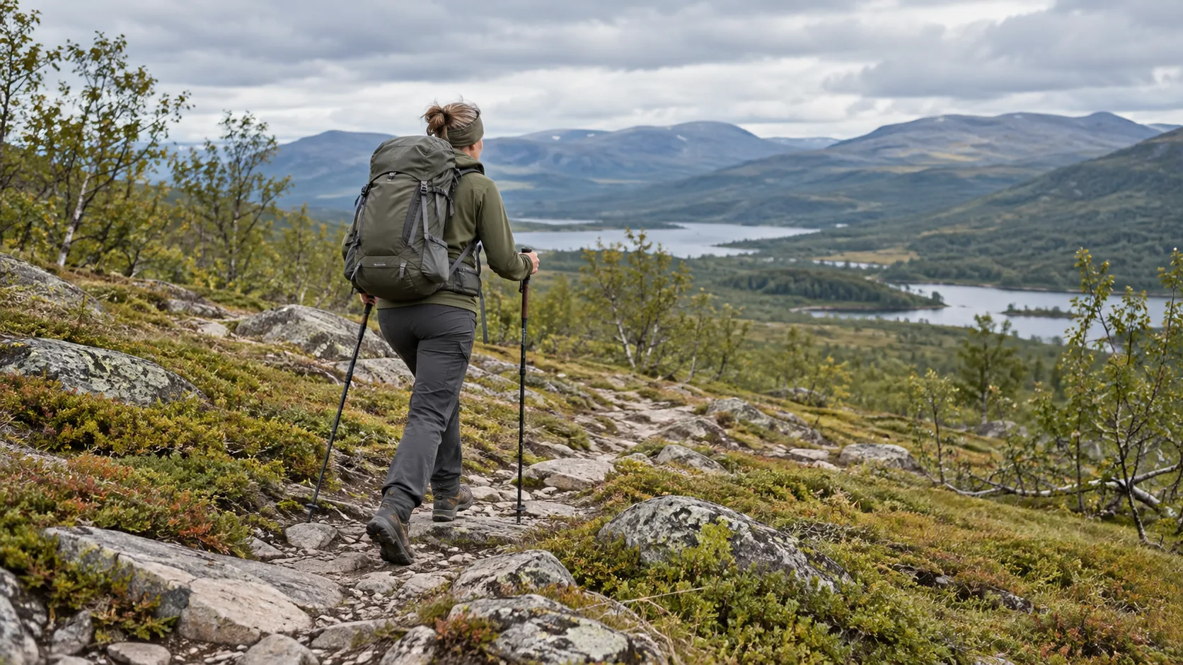 Kobieta z plecakiem i kijkami trekkingowymi idzie kamienistą ścieżką wśród niskich brzóz, w tle jeziora i łagodne góry